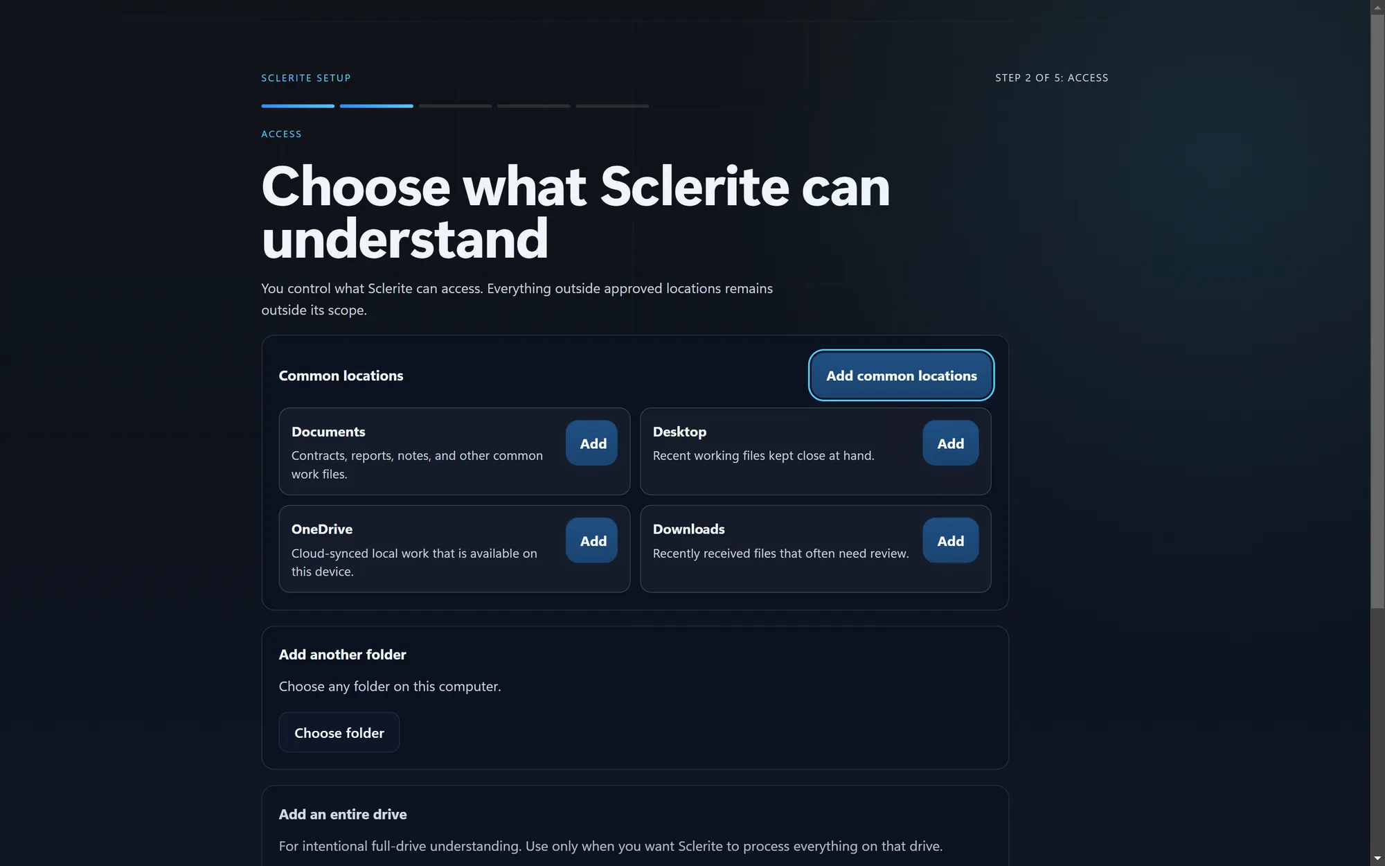 Sclerite setup screen: 'Choose what Sclerite can understand,' with folder access controls.